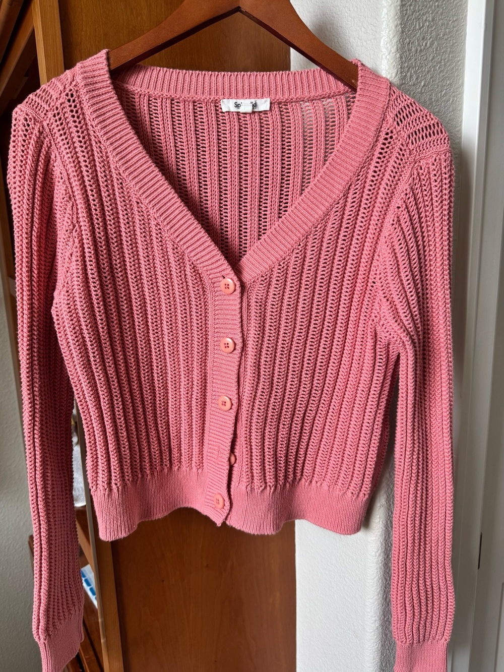 Splendid 100% cotton ribbed V-neck cardigan sweater in beautiful coral color